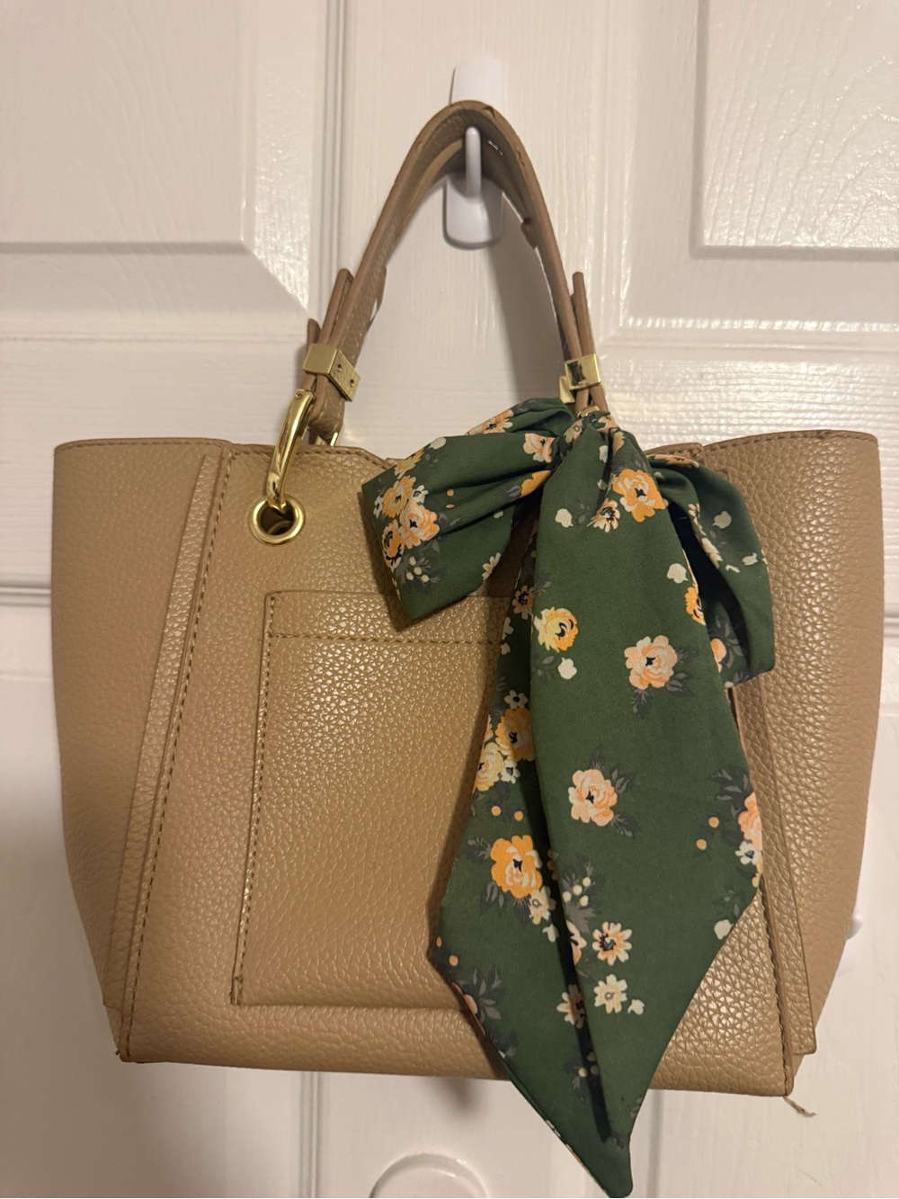 Steve Madden Tan Pebbled Tote with Green Floral Scarf